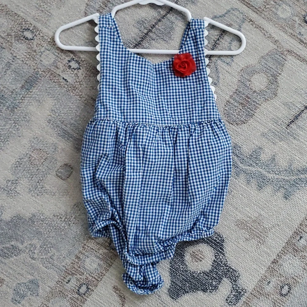 Gymboree Baby Girls Blue White Ginham Ric Rac Flower Sunsuit Romper Sz12-18m